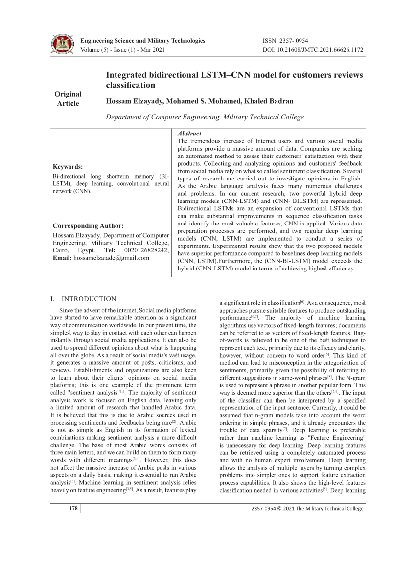 Pdf Integrated Bidirectional Lstm Cnn Model For Customers Reviews Classification