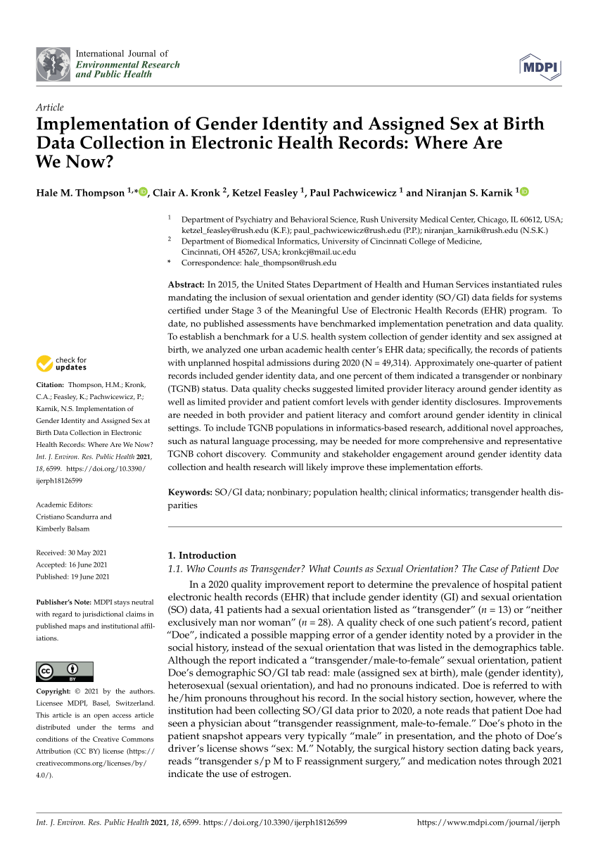 Pdf Implementation Of Gender Identity And Assigned Sex At Birth Data Collection In Electronic 