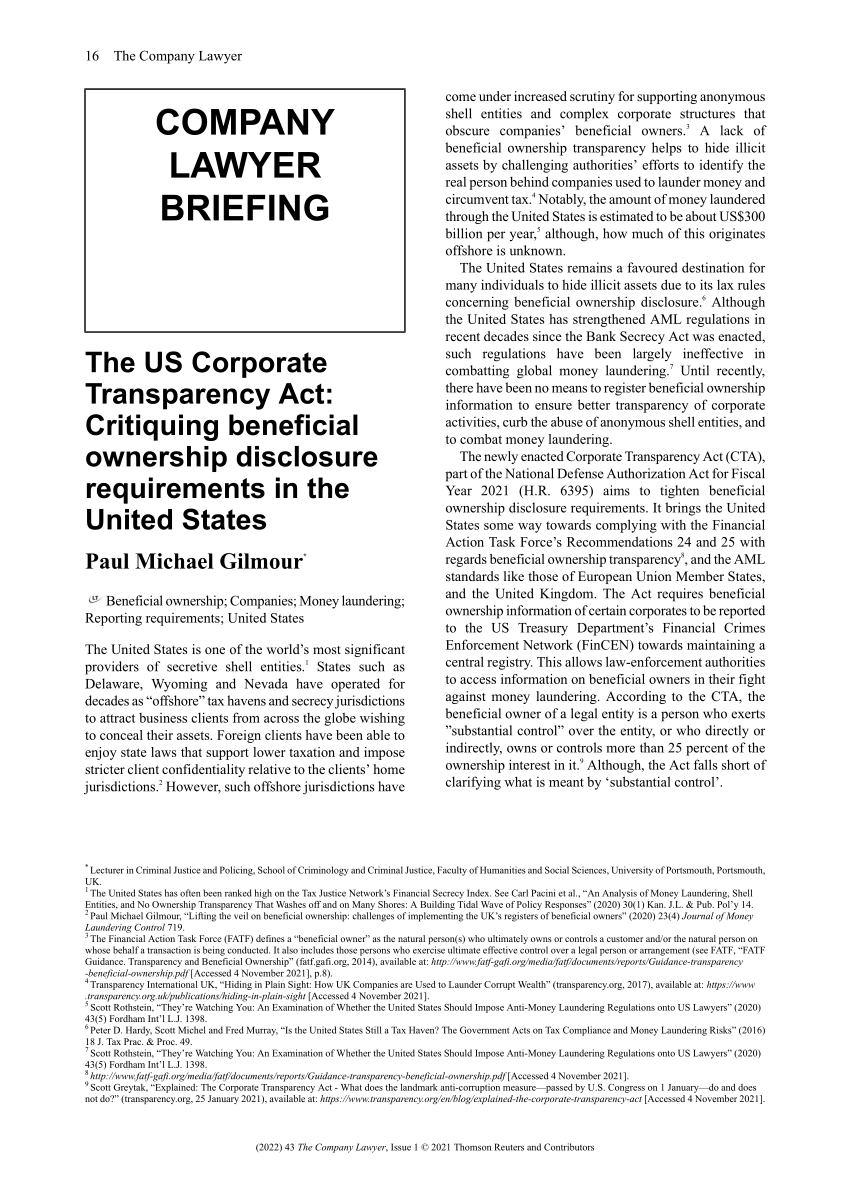 (PDF) The US Corporate Transparency Act Critiquing beneficial