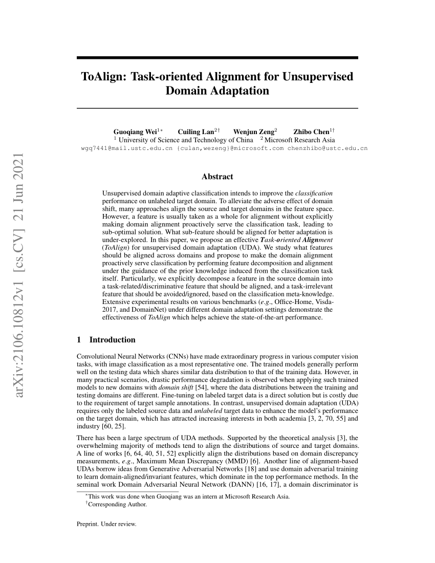 Pdf Toalign Task Oriented Alignment For Unsupervised Domain Adaptation 5372