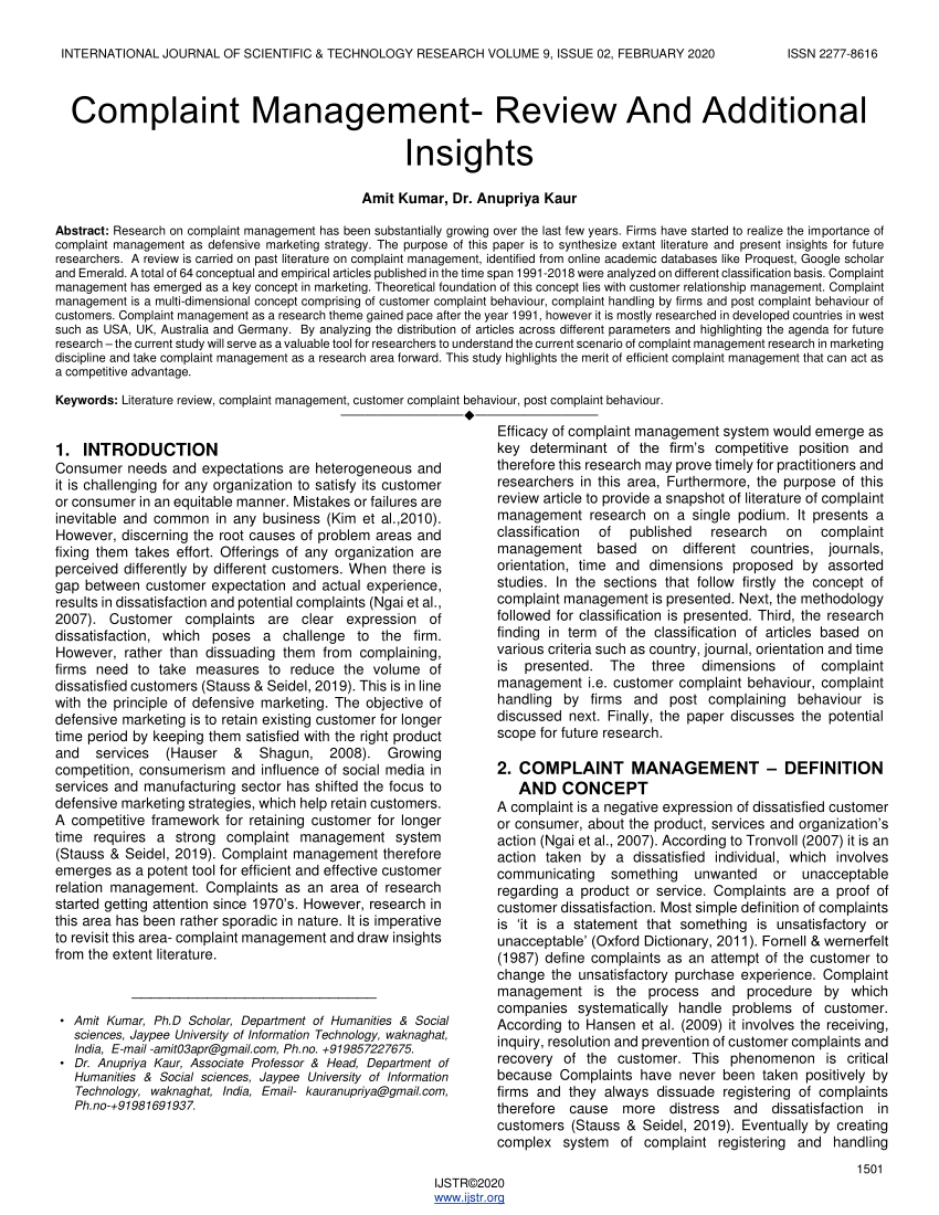 literature review on complaint management system