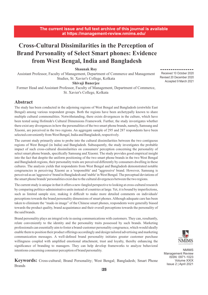 PDF) Cross-Cultural Dissimilarities in the Perception of Brand Personality  of Select Smart phones: Evidence from West Bengal, India and Bangladesh