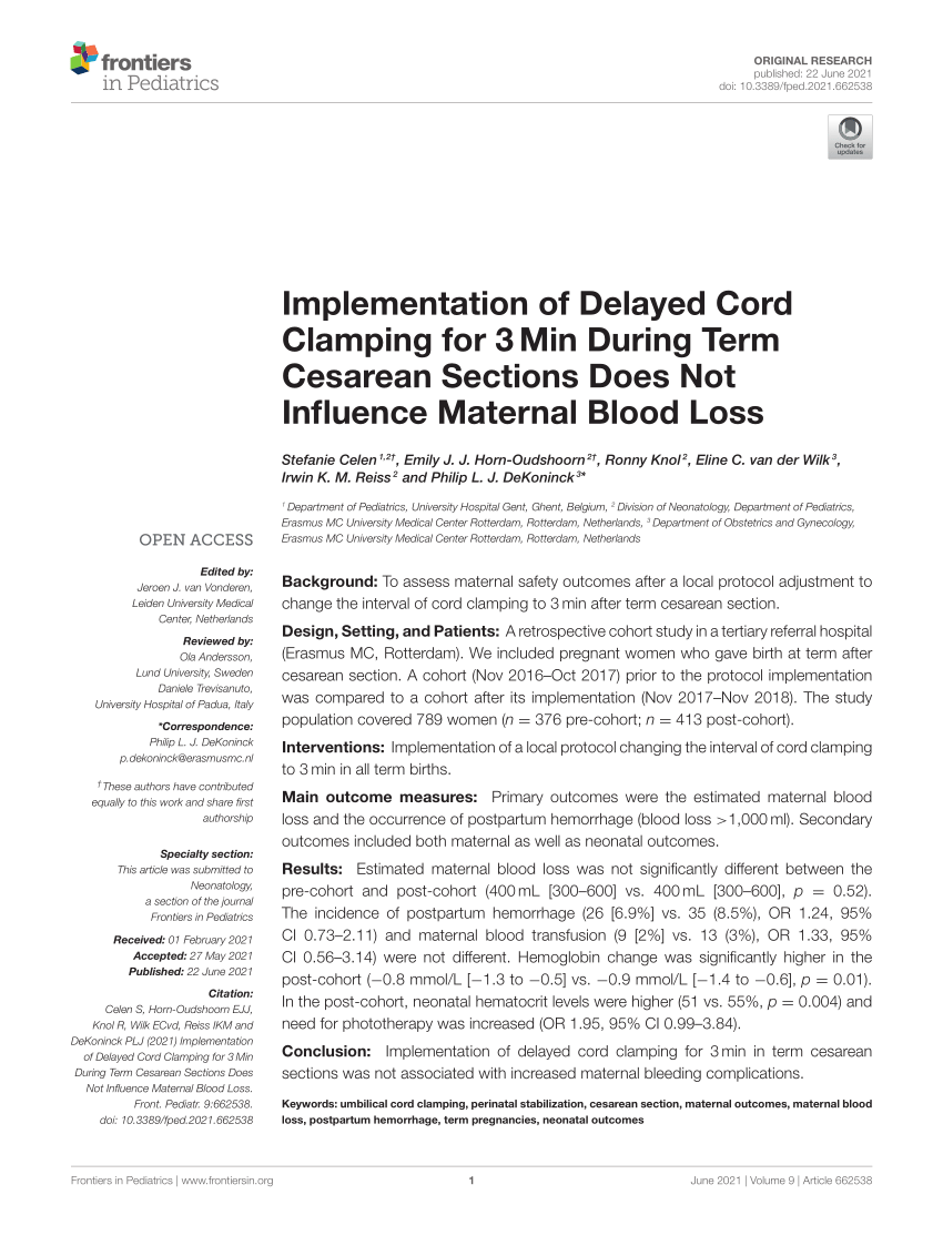 PDF) Implementation of Delayed Cord Clamping for 3 Min During Term Cesarean  Sections Does Not Influence Maternal Blood Loss