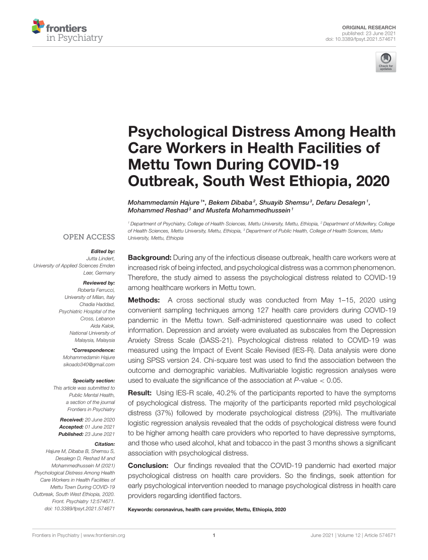 Frontiers  Psychological Distress Among Health Care Workers in Health  Facilities of Mettu Town During COVID-19 Outbreak, South West Ethiopia, 2020