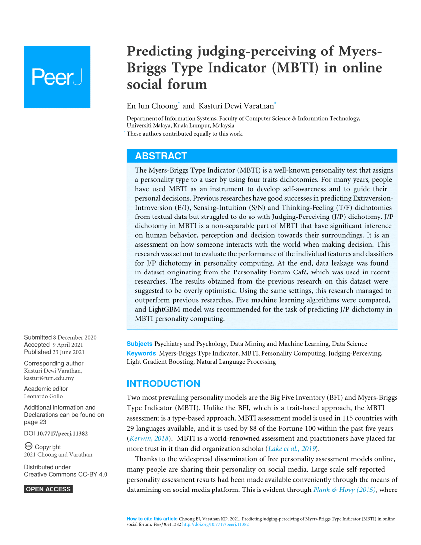 PDF] Detection of Myers-Briggs Type Indicator via Text Based  Computer-Mediated Communication