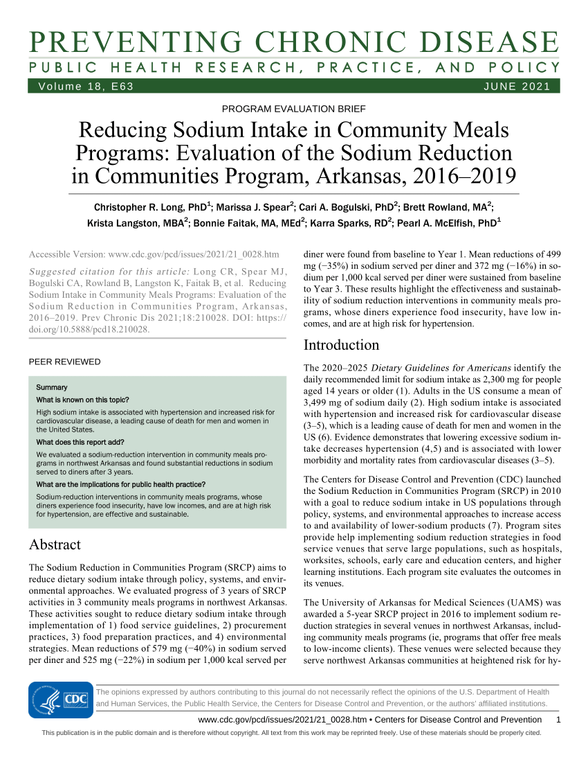 Pdf Reducing Sodium Intake In Community Meals Programs Evaluation Of The Sodium Reduction In