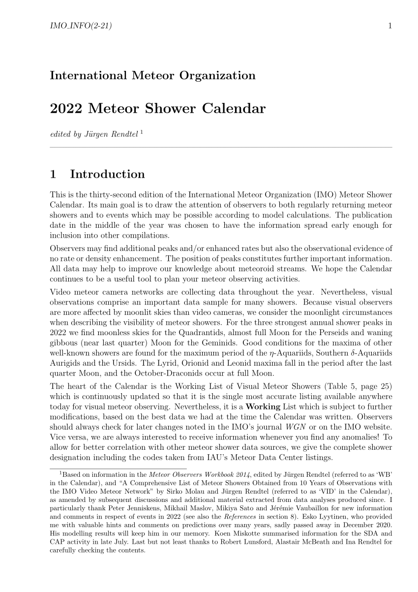 Meteor Shower Calendar 2022 Pdf) 2022 Meteor Shower Calendar
