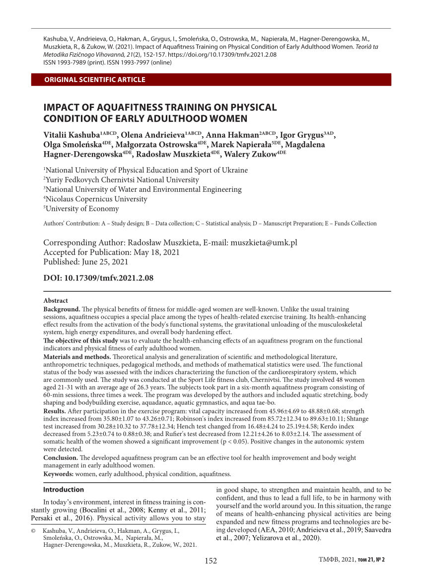 PDF) Impact of Aquafitness Training on Physical Condition of Early  Adulthood Women