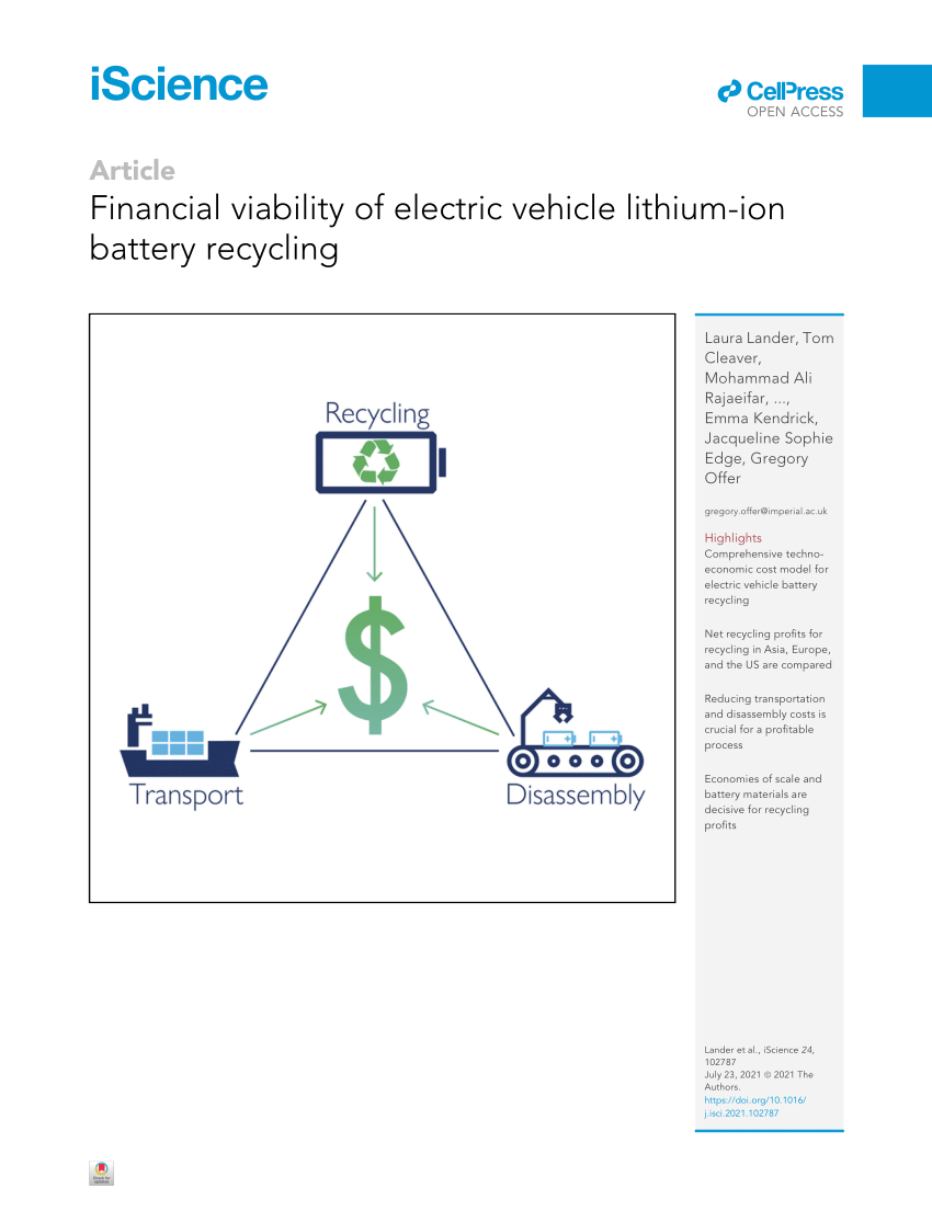(PDF) Financial Viability of Electric Vehicle LithiumIon Battery Recycling