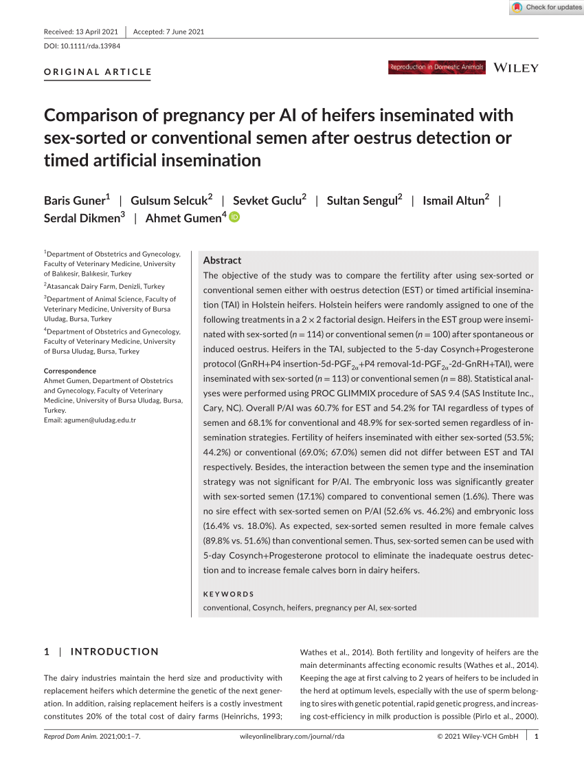 Pdf Comparison Of Pregnancy Per Ai Of Heifers Inseminated With Sex‐sorted Or Conventional 5968