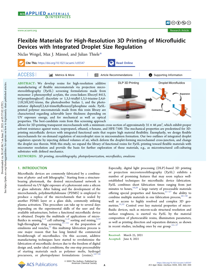 Flexible Materials for High-Resolution 3D Printing of Microfluidic Devices  with Integrated Droplet Size Regulation