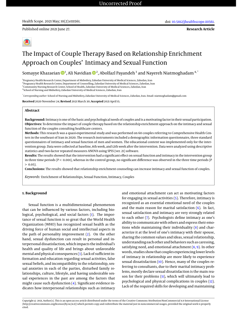 Pdf The Impact Of Couple Therapy Based On Relationship Enrichment Approach On Couples 