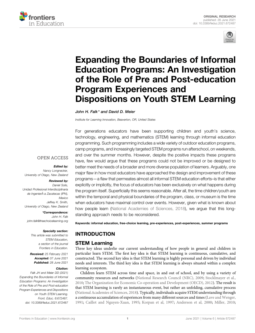 PDF) Expanding the Boundaries of Informal Education Programs An Investigation of the Role of Pre and Post-education Program Experiences and Dispositions on Youth STEM Learning