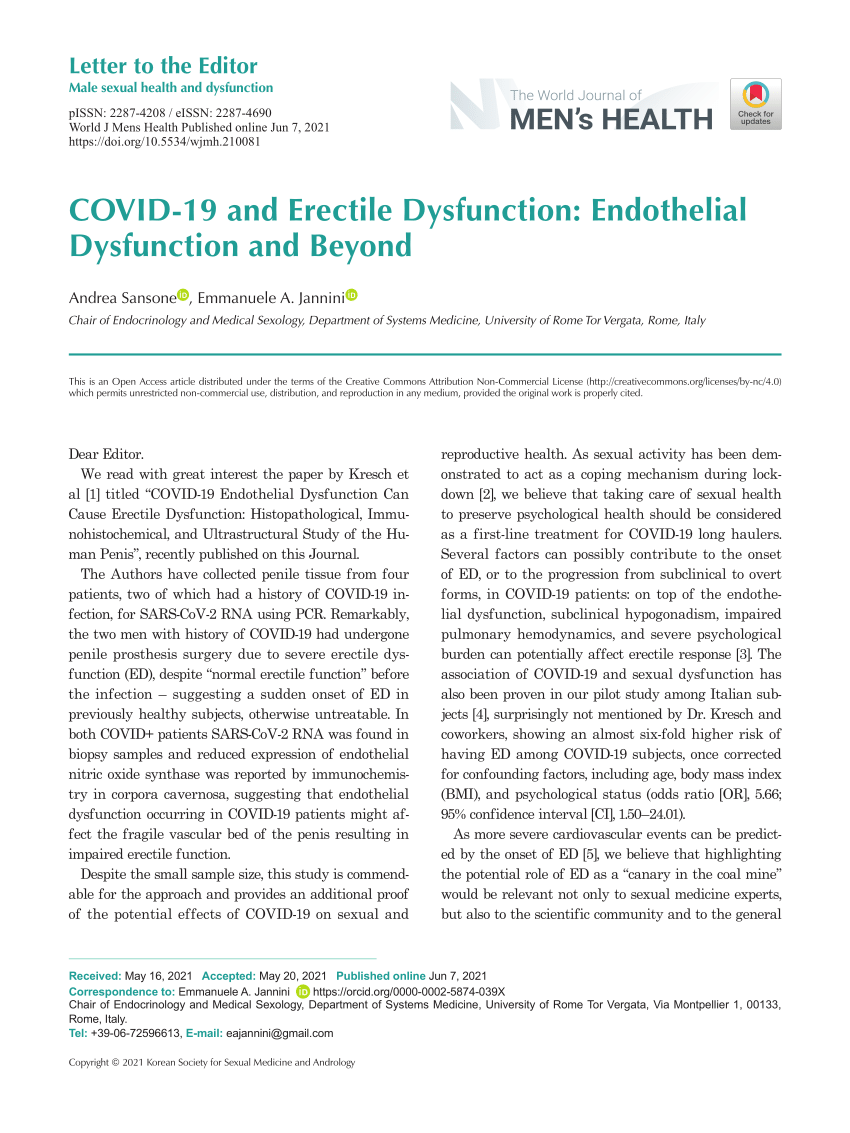 PDF COVID 19 and Erectile Dysfunction Endothelial Dysfunction