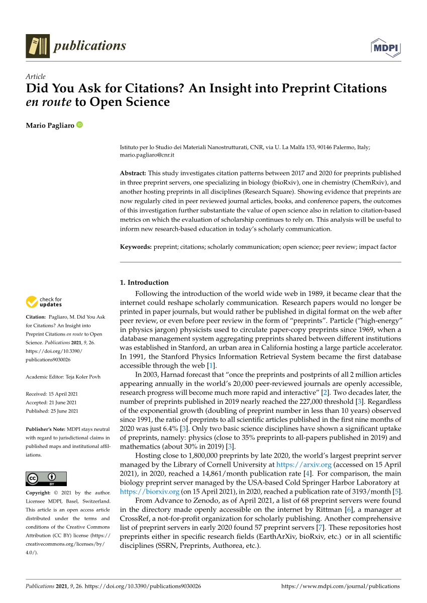 Pdf Did You Ask For Citations An Insight Into Preprint Citations En Route To Open Science Citation Pagliaro M Did You Ask For Citations An Insight Into