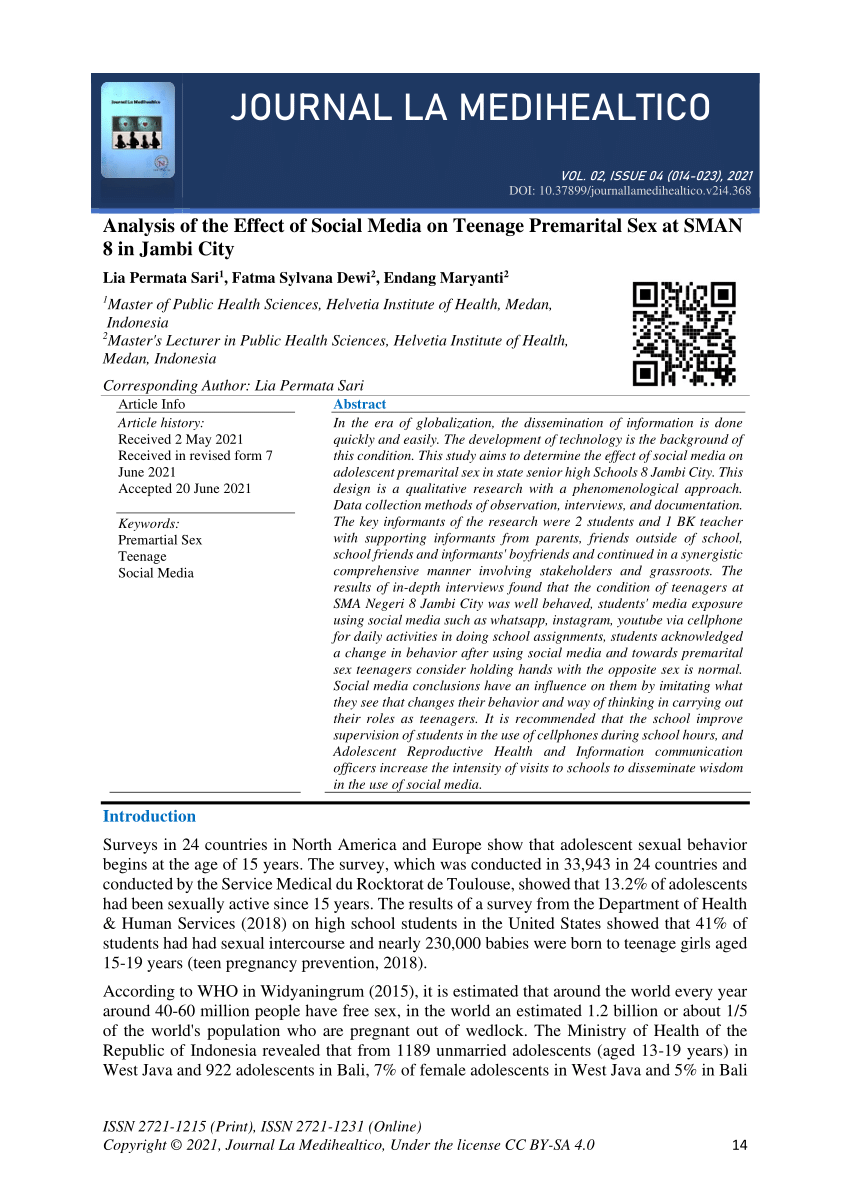 PDF) Analysis of the Effect of Social Media on Teenage Premarital Sex at  SMAN 8 in Jambi City