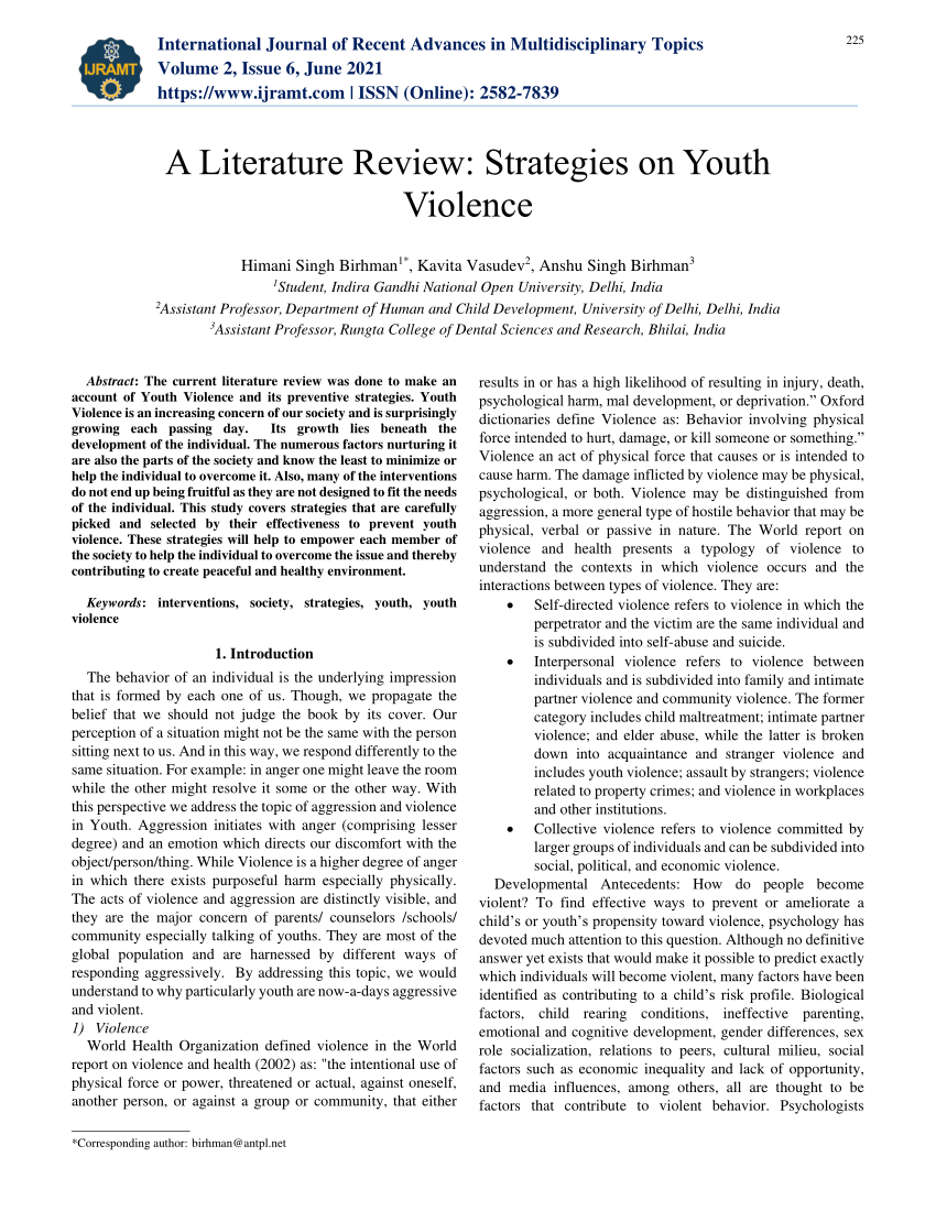 literature review of violence in schools