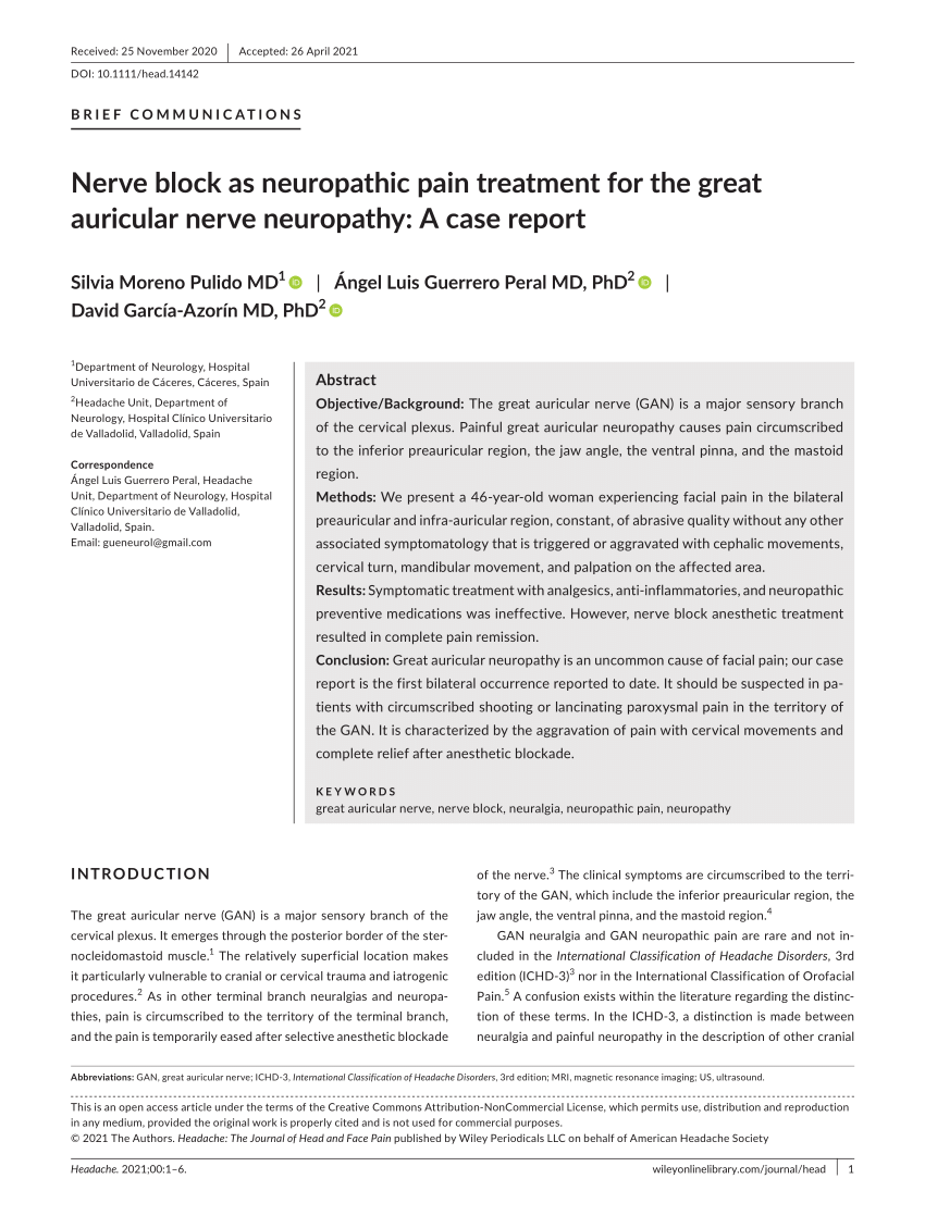 Pdf Nerve Block As Neuropathic Pain Treatment For The Great Auricular