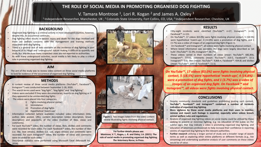 PDF) Montrose, ., Kogan, . and Oxley, . (2021). The role of social  media in promoting organised dog fighting. Poster presented at: Virtual  UFAW Conference, 29th-30th June 2021.