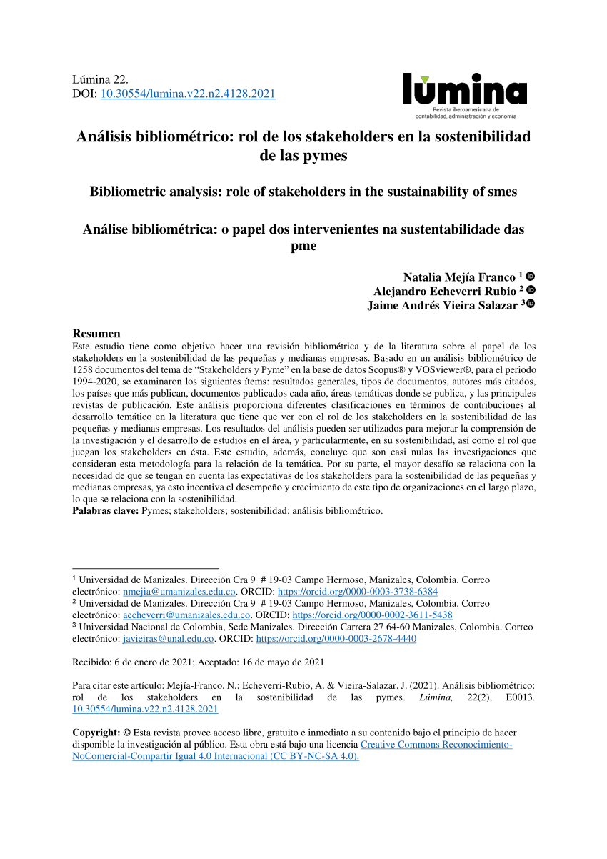 Pdf Análisis Bibliométrico Rol De Los Stakeholders En La Sostenibilidad De Las Pymes 3006