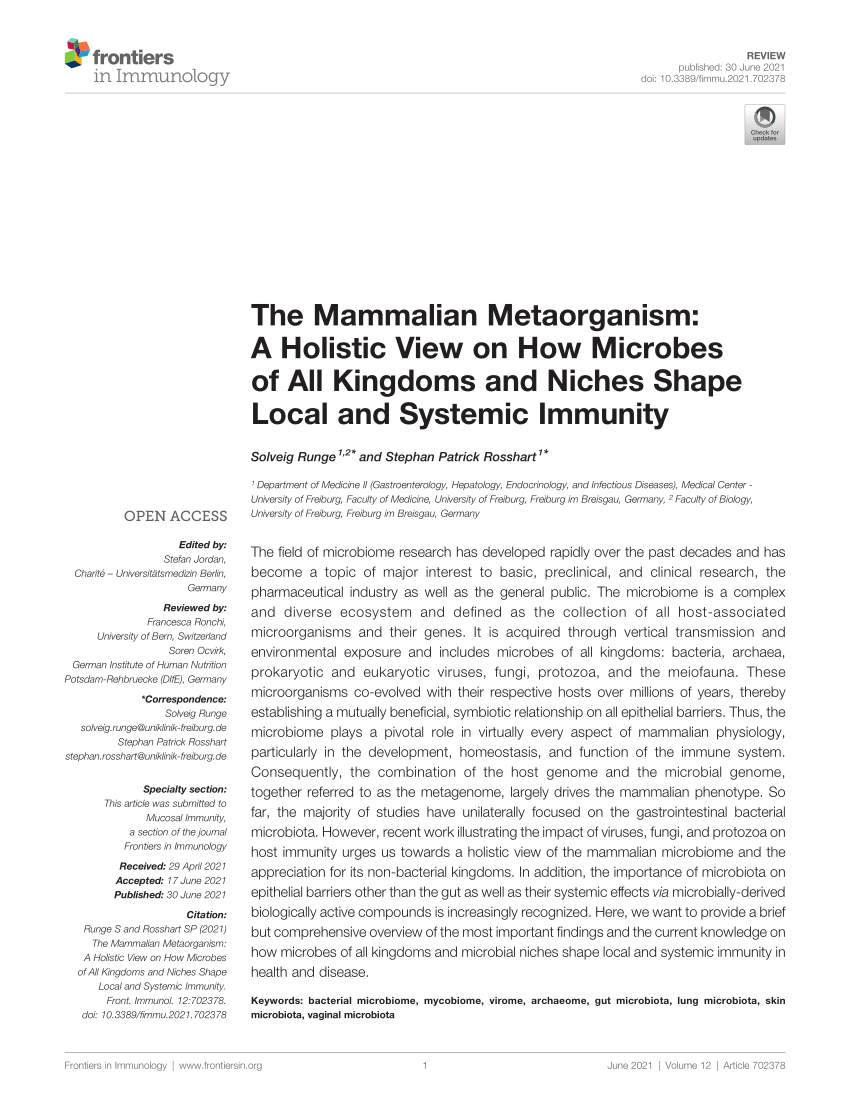 Pdf The Mammalian Metaorganism A Holistic View On How Microbes Of All Kingdoms And Niches Shape Local And Systemic Immunity