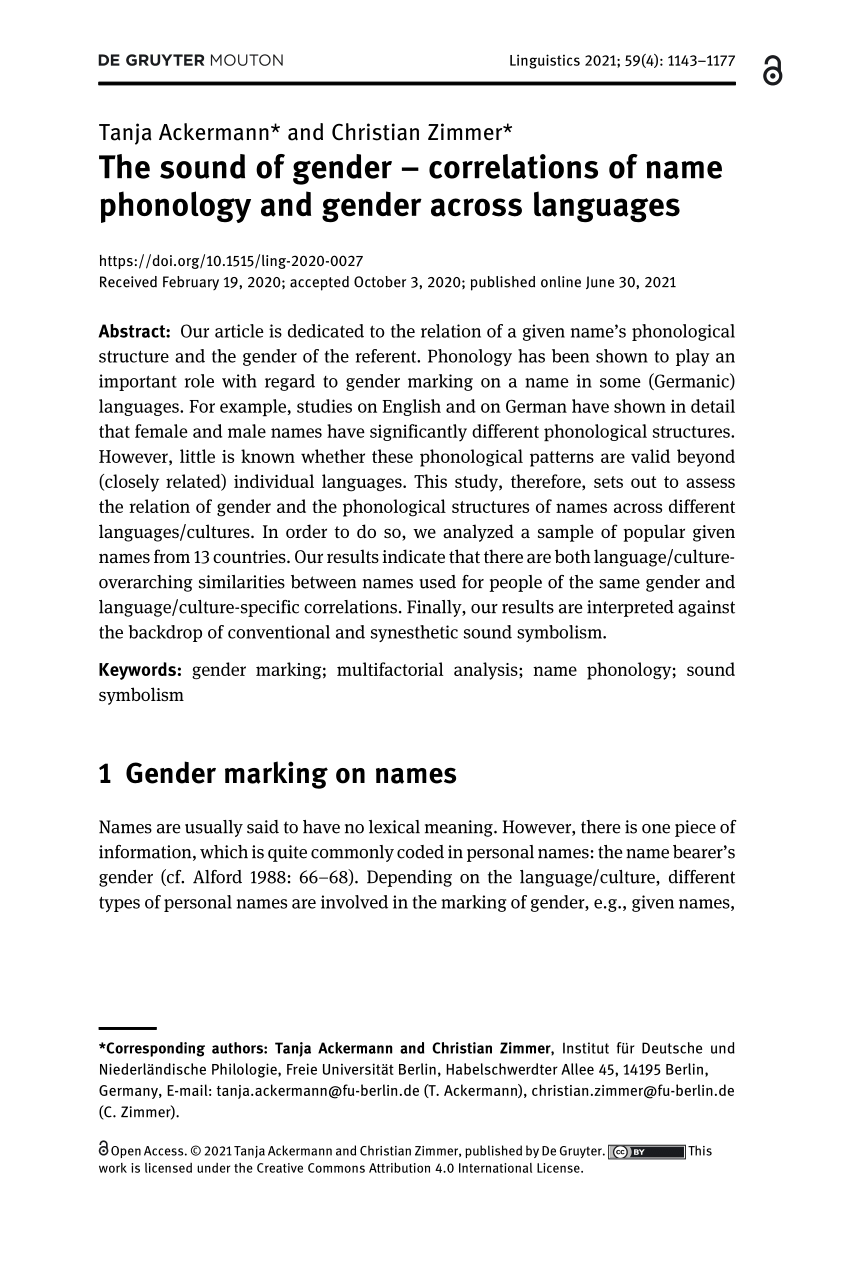 Pdf The Sound Of Gender Correlations Of Name Phonology And Gender Across Languages