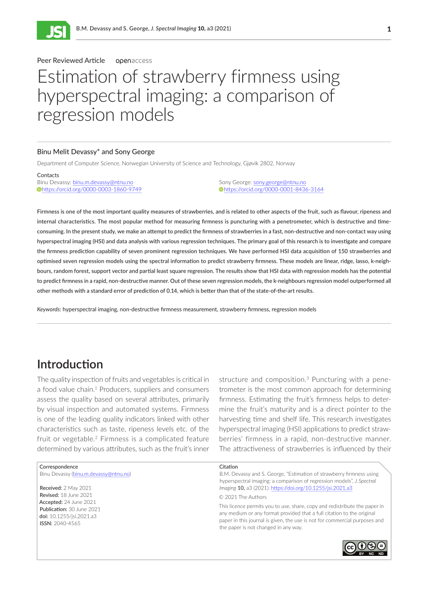 Pdf Estimation Of Strawberry Firmness Using Hyperspectral Imaging A Comparison Of Regression Models