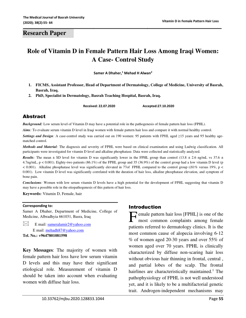 PDF) Role of Vitamin D in Female Pattern Hair Loss Among Iraqi Women: A  Case- Control Study