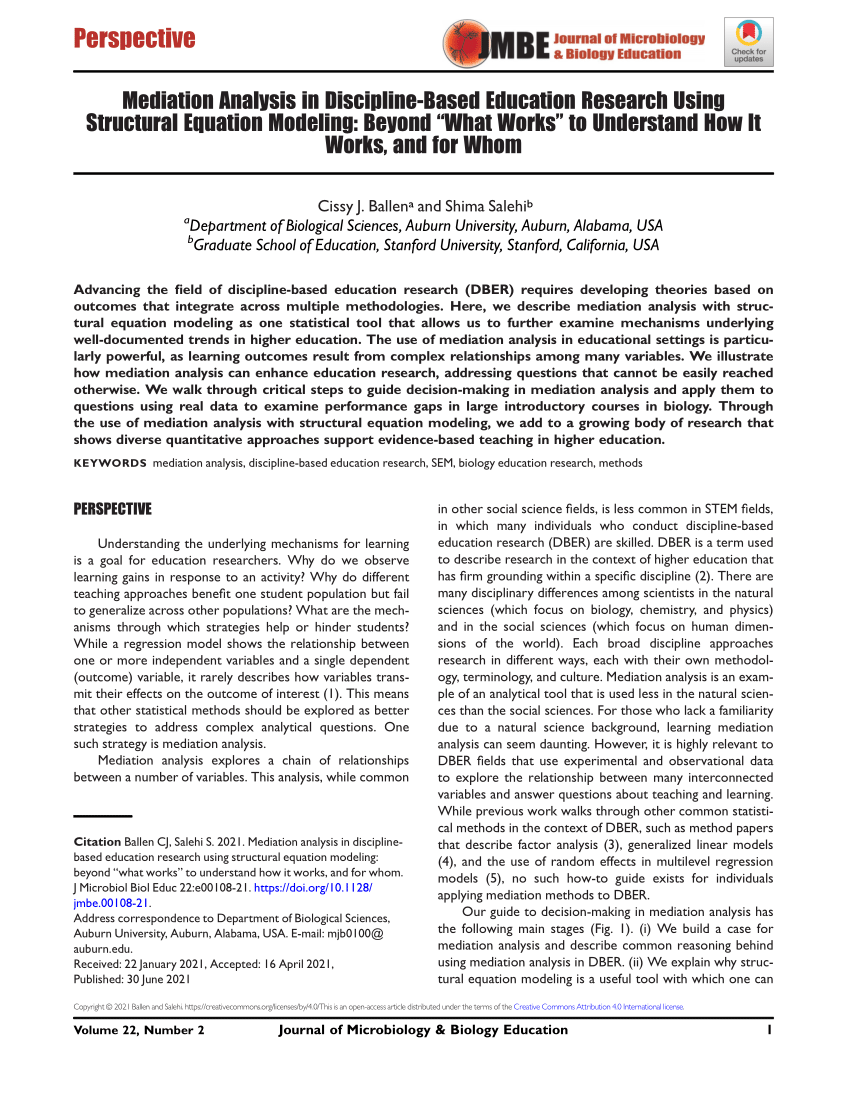 Pdf Mediation Analysis In Discipline Based Education Research Using Structural Equation Modeling Beyond What Works To Understand How It Works And For Whom