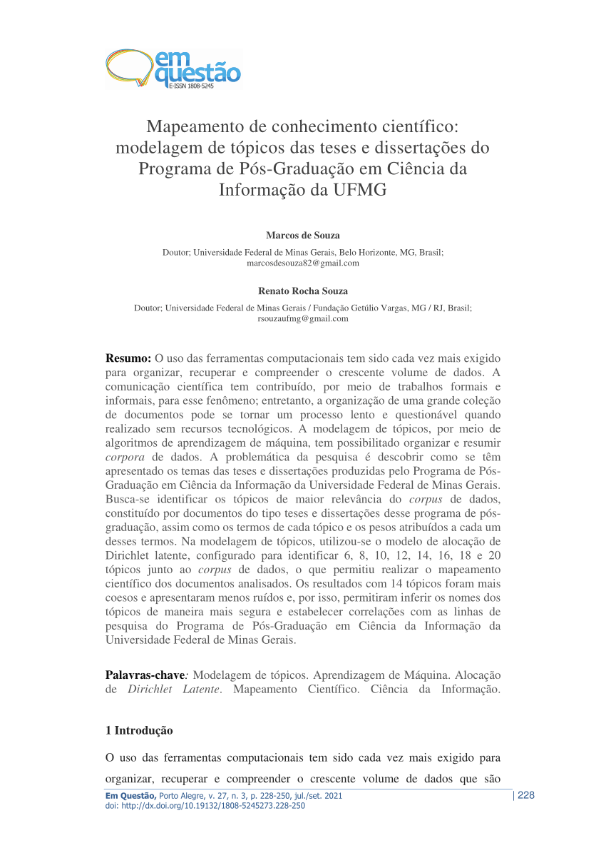 Mapeamento de conhecimento científico: modelagem de tópicos das teses e  dissertações do Programa de Pós-Graduação em Ciência da Informação da UFMG