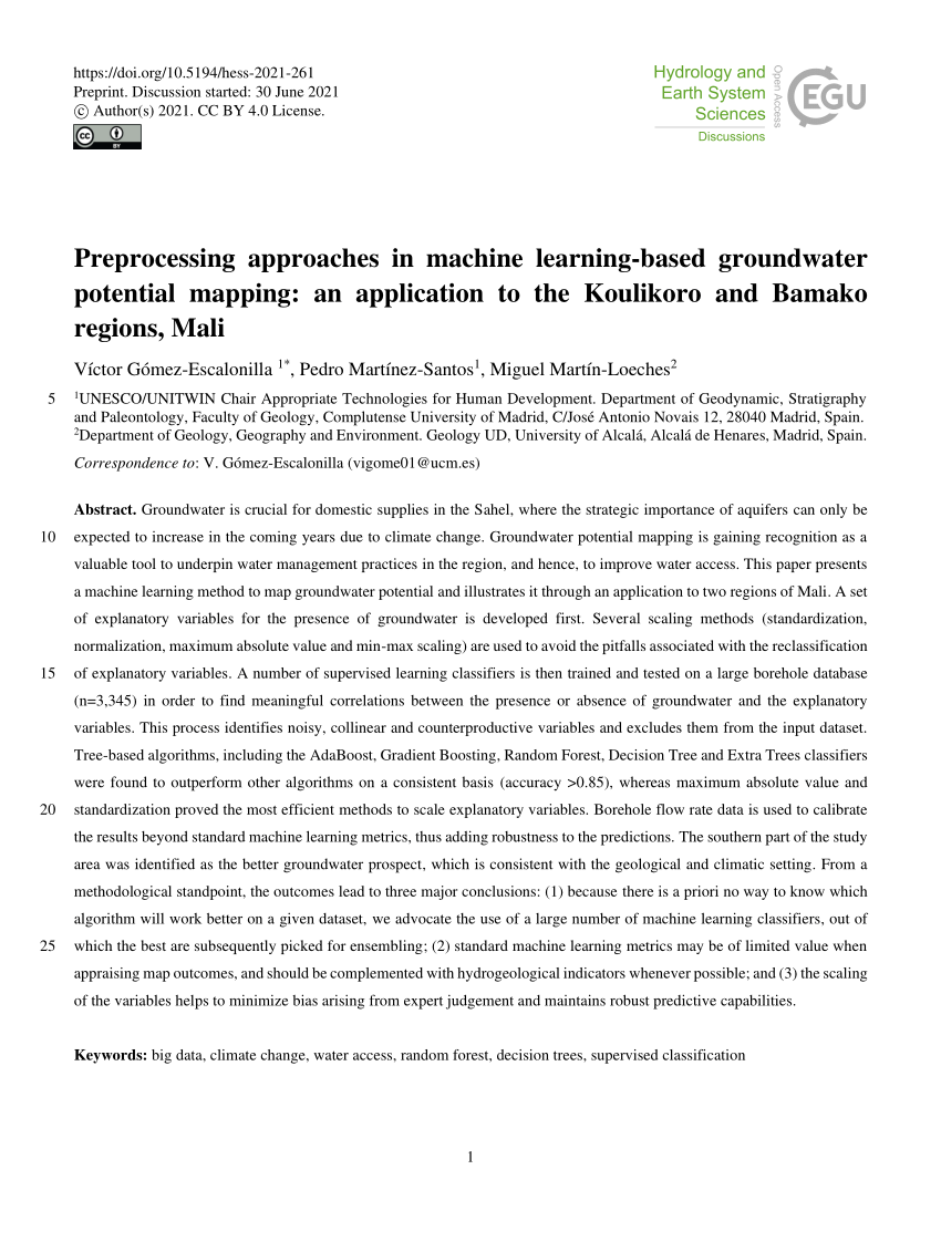 HESS - Preprocessing approaches in machine-learning-based groundwater  potential mapping: an application to the Koulikoro and Bamako regions, Mali