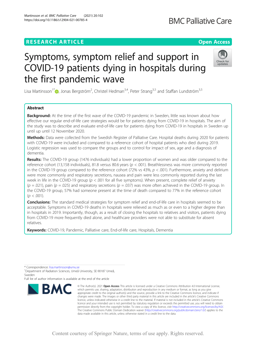 Pdf Symptoms Symptom Relief And Support In Covid 19 Patients Dying