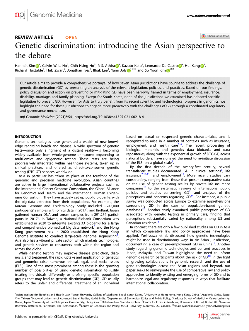 Pdf Genetic Discrimination Introducing The Asian Perspective To The Debate 