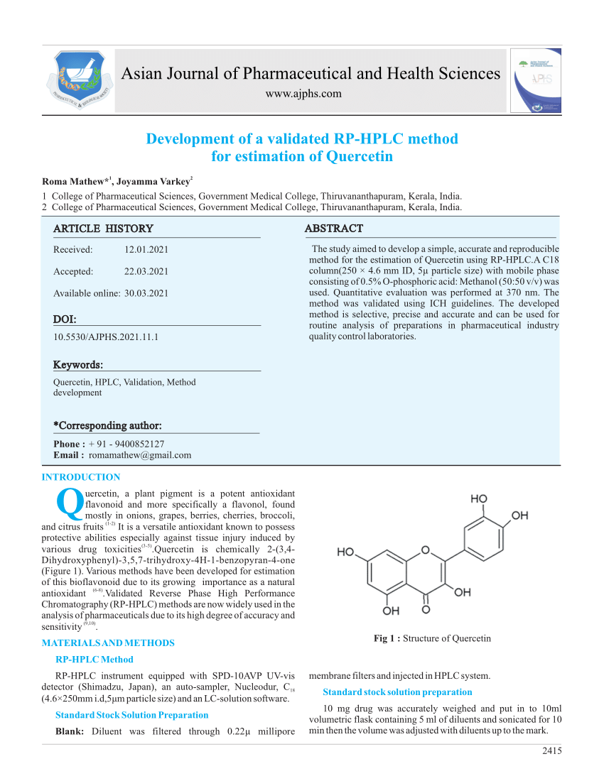 Pdf Development Of A Validated Rp Hplc Method For Estimation Of Quercetin