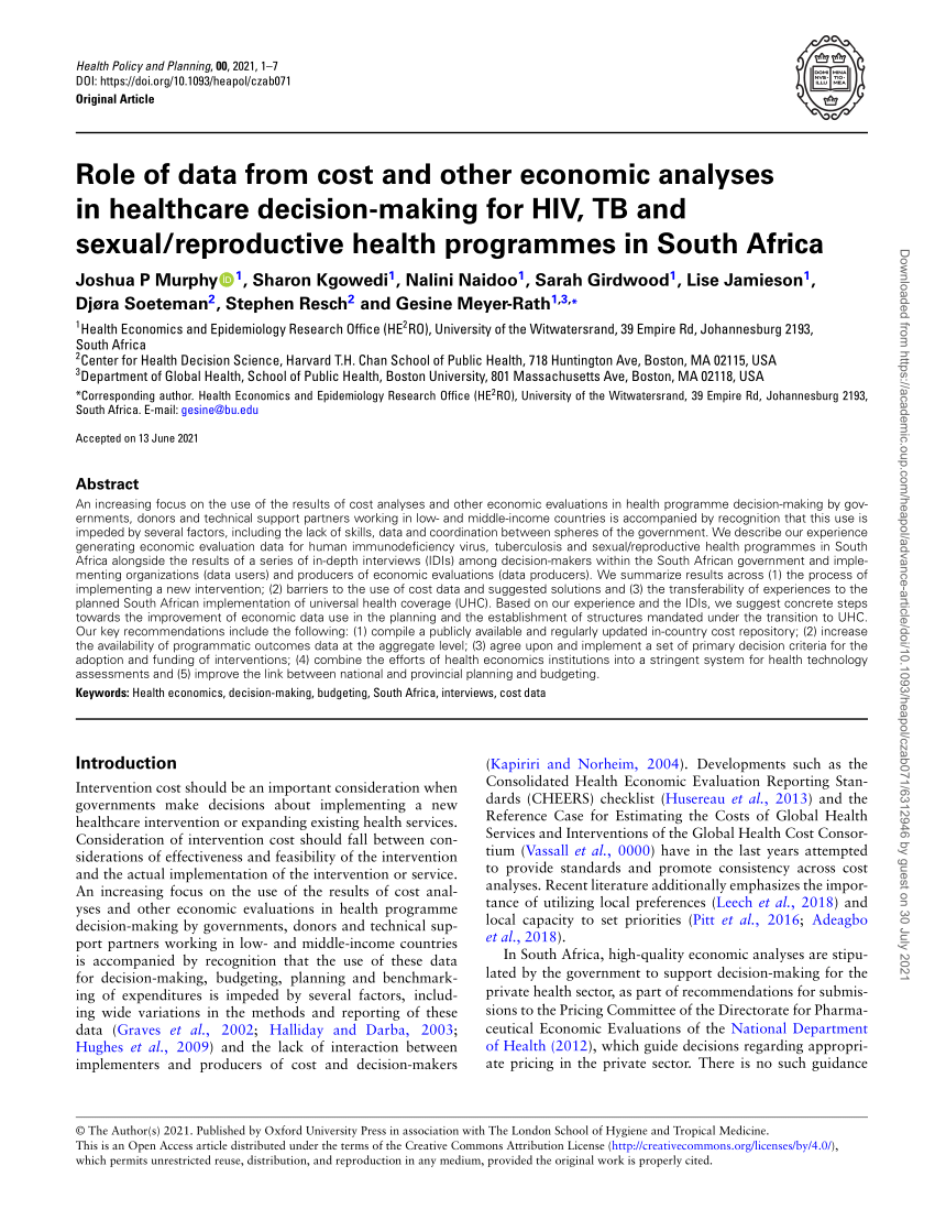 Pdf Role Of Data From Cost And Other Economic Analyses In Healthcare Decision Making For Hiv 8976