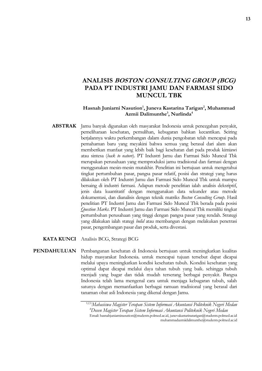 Pdf Analisis Boston Consulting Group Bcg Pada Pt Industri Jamu Dan Farmasi Sido Muncul Tbk 1647