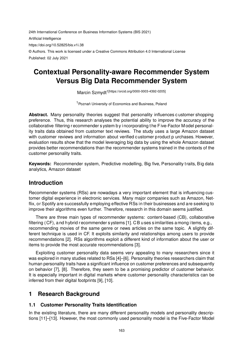 Pdf Contextual Personality Aware Recommender System Versus Big Data