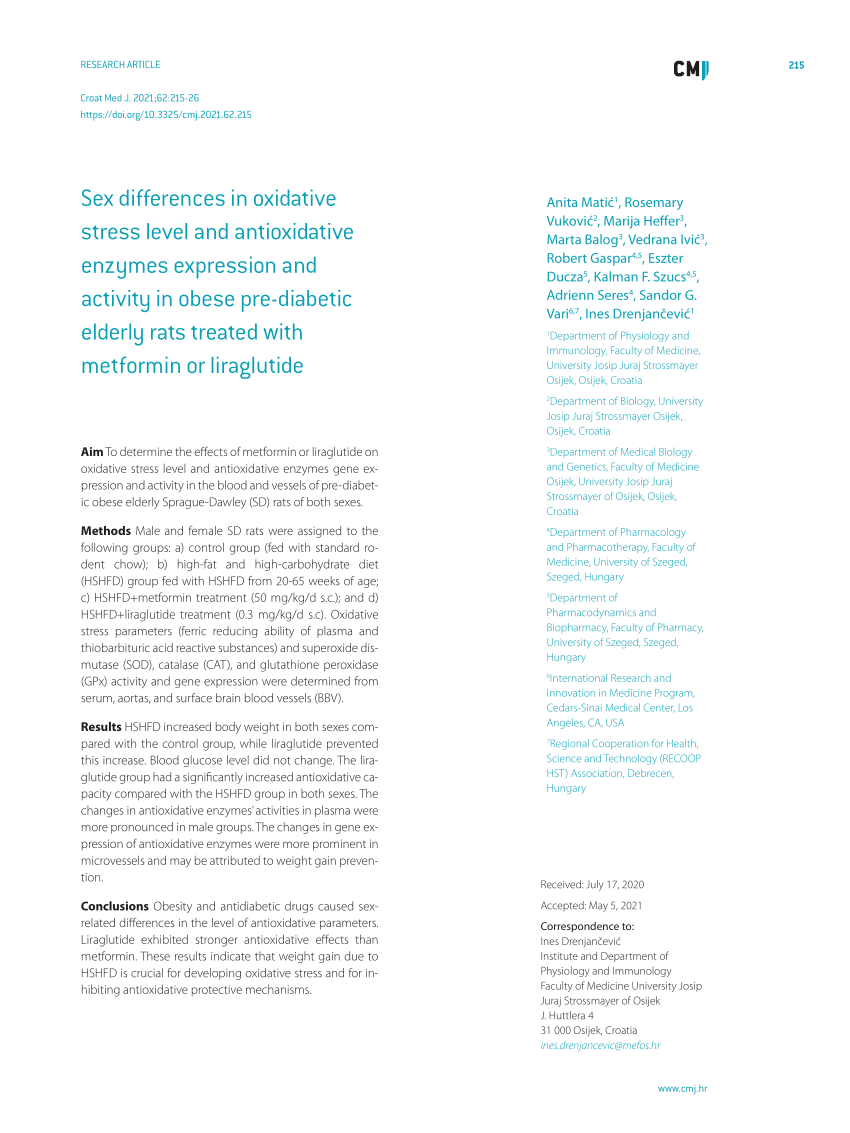 PDF) Sex differences in oxidative stress level and antioxidative enzymes  expression and activity in obese pre-diabetic elderly rats treated with  metformin or liraglutide