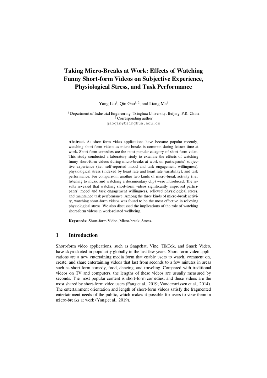 PDF) Taking Micro-breaks at Work: Effects of Watching Funny Short-Form  Videos on Subjective Experience, Physiological Stress, and Task Performance