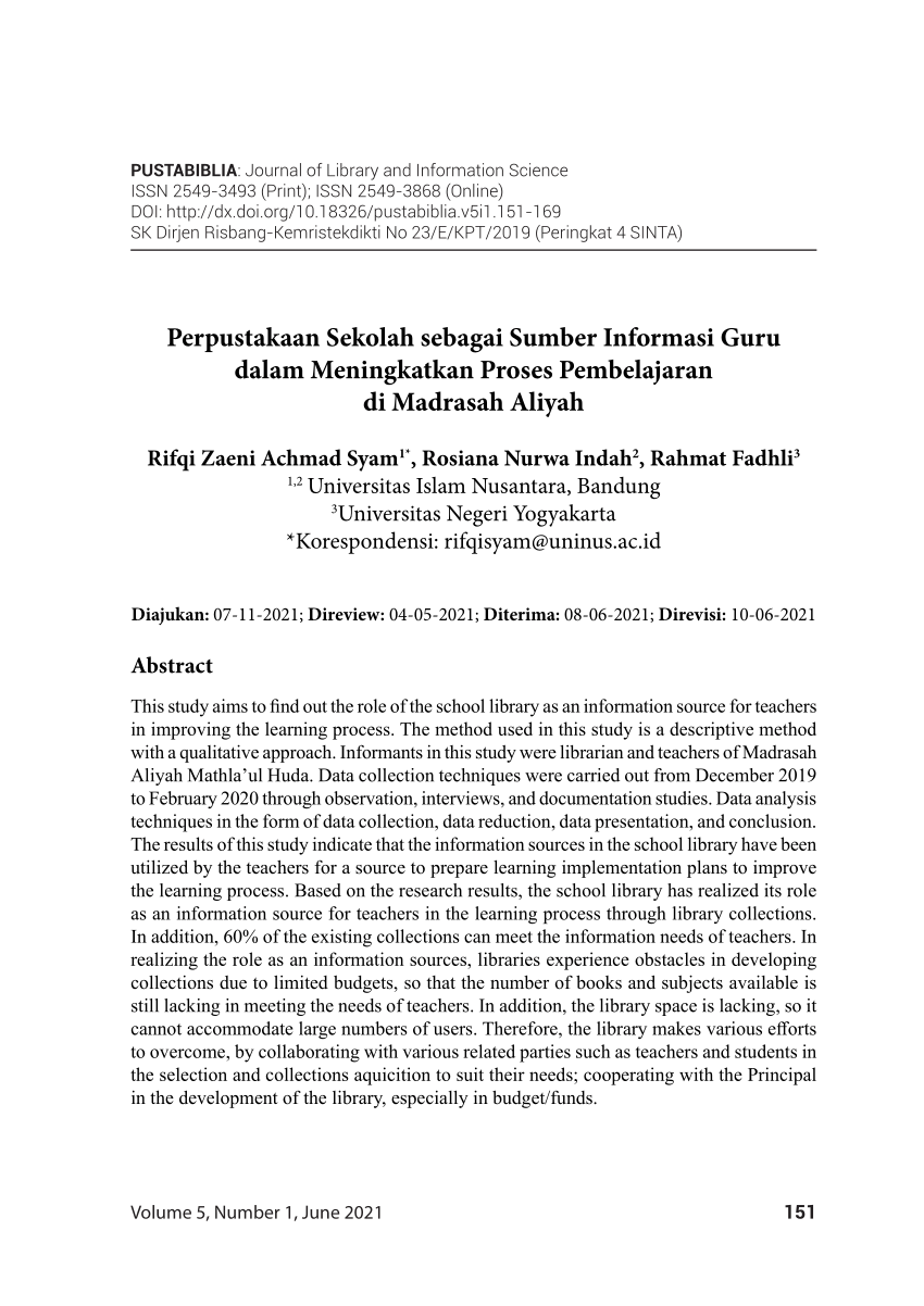 (PDF) Perpustakaan Sekolah sebagai Sumber Informasi Guru dalam