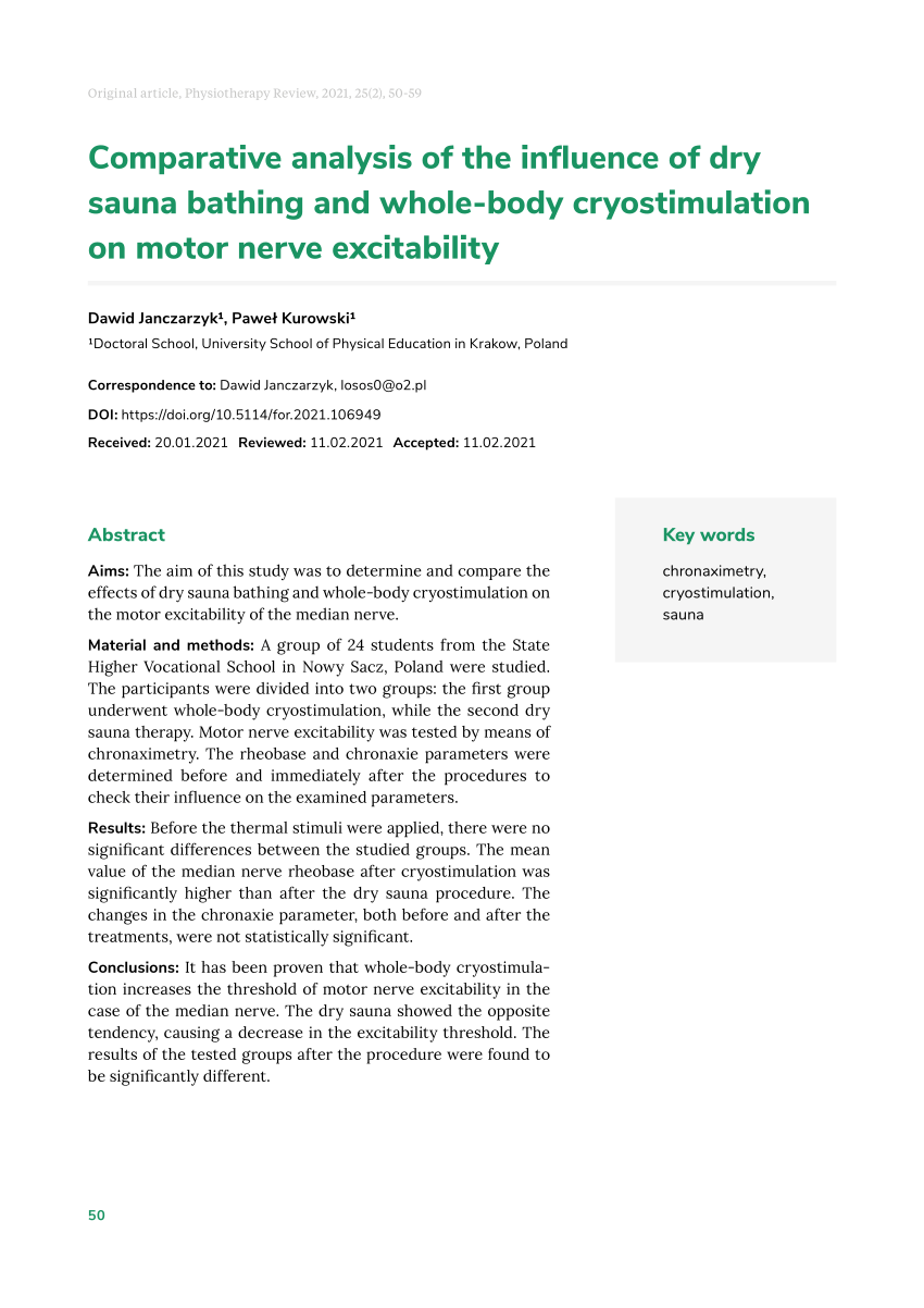 PDF) Comparative analysis of the influence of dry sauna bathing and  whole-body cryostimulation on motor nerve excitability