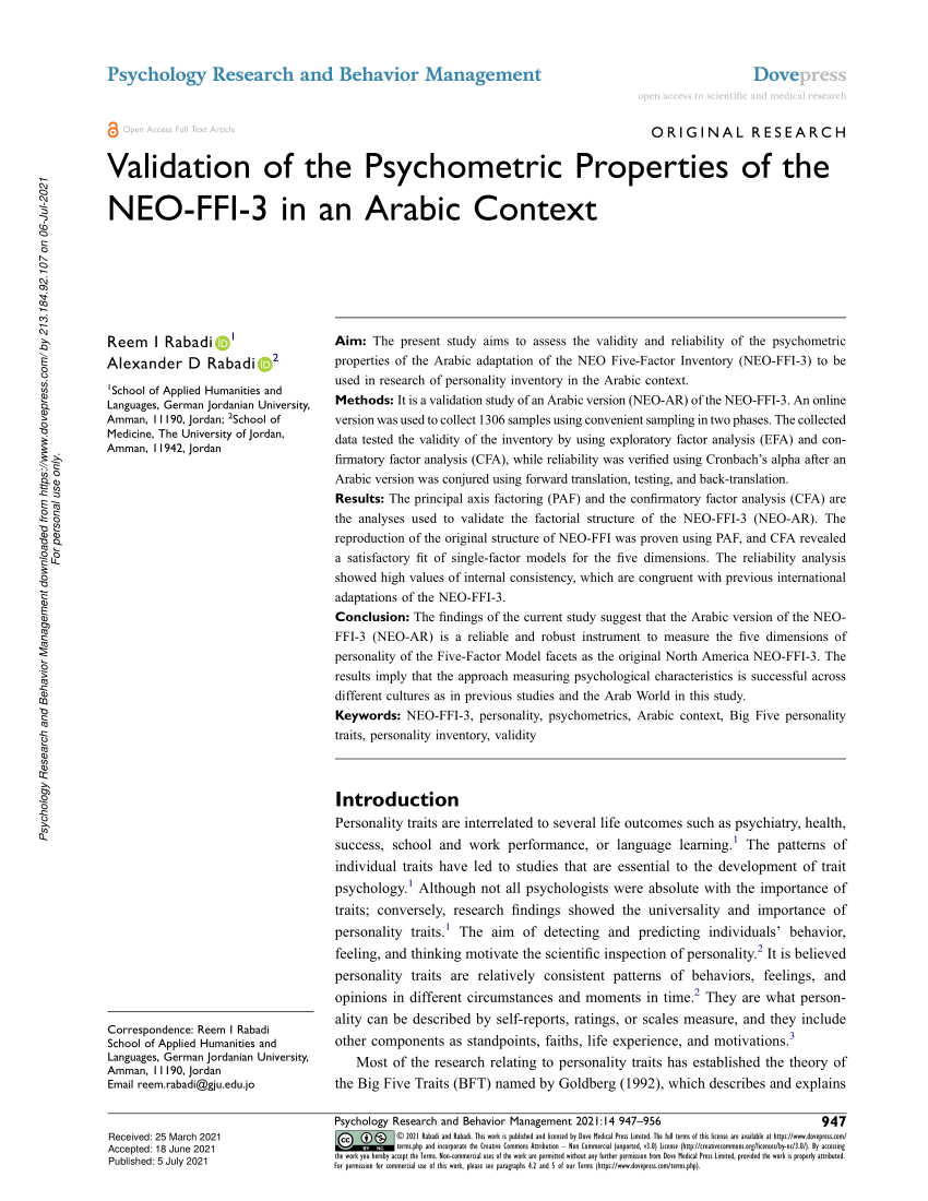 Pdf Validation Of The Psychometric Properties Of The Neo Ffi 3 In An Arabic Context