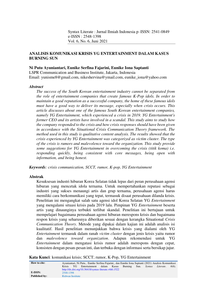 (PDF) Analisis Komunikasi Krisis YG Entertainment dalam Kasus Burning Sun
