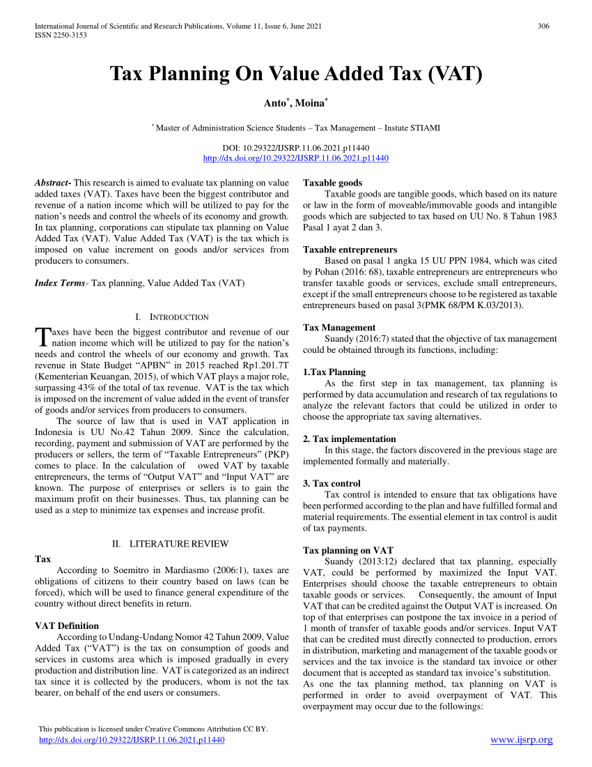 Pdf Tax Planning On Value Added Tax Vat 5949