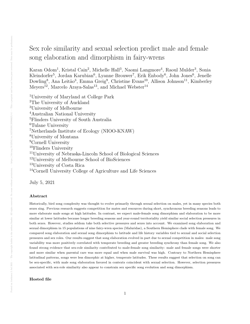 Pdf Sex Role Similarity And Sexual Selection Predict Male And Female Song Elaboration And 7524