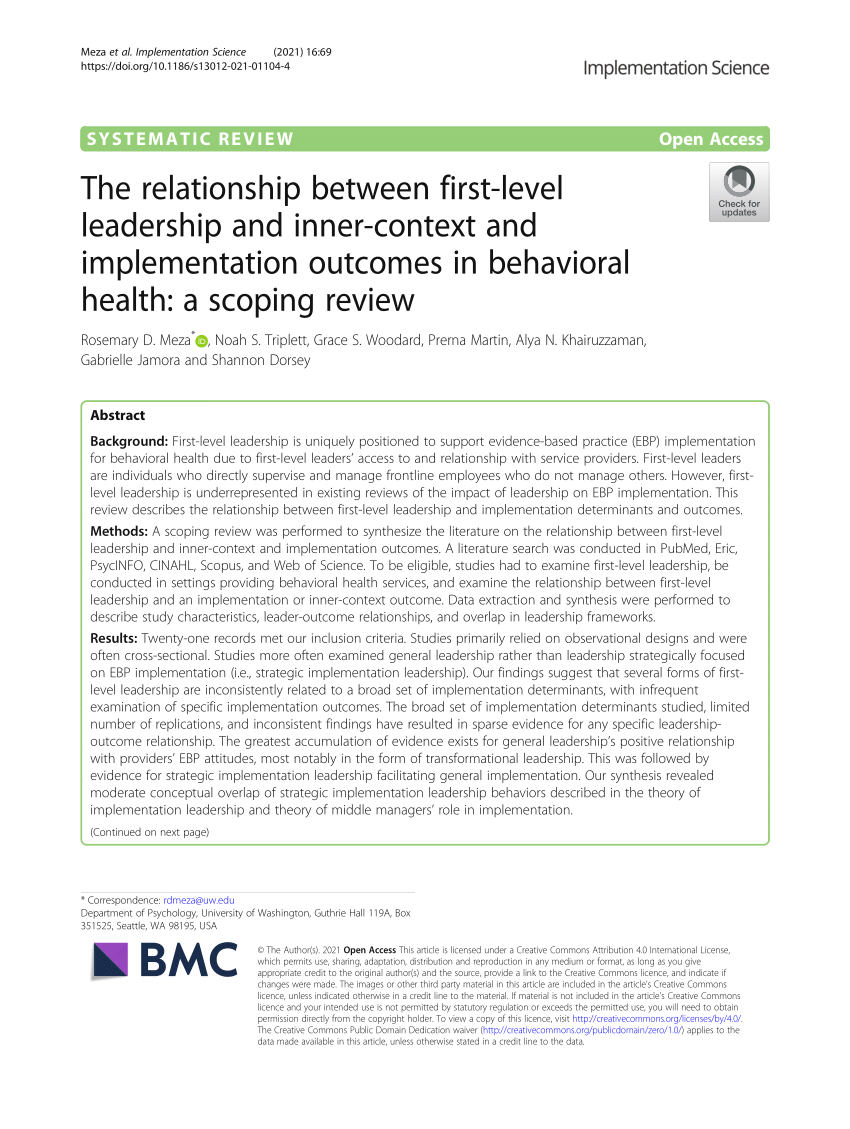 PDF) The leadership and inner-context and outcomes in behavioral health: a scoping review
