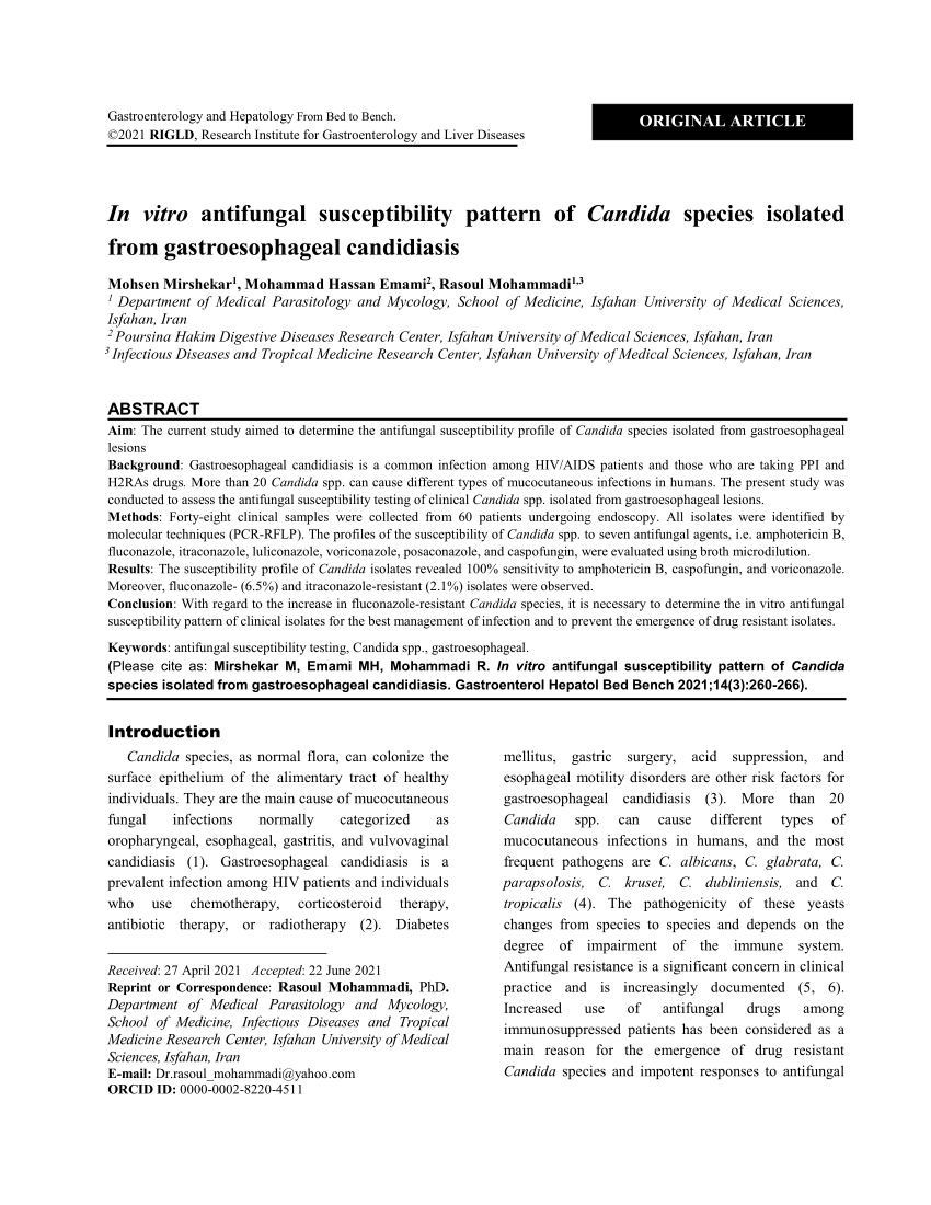 Pdf In Vitro Antifungal Susceptibility Pattern Of Candida Species Isolated From 