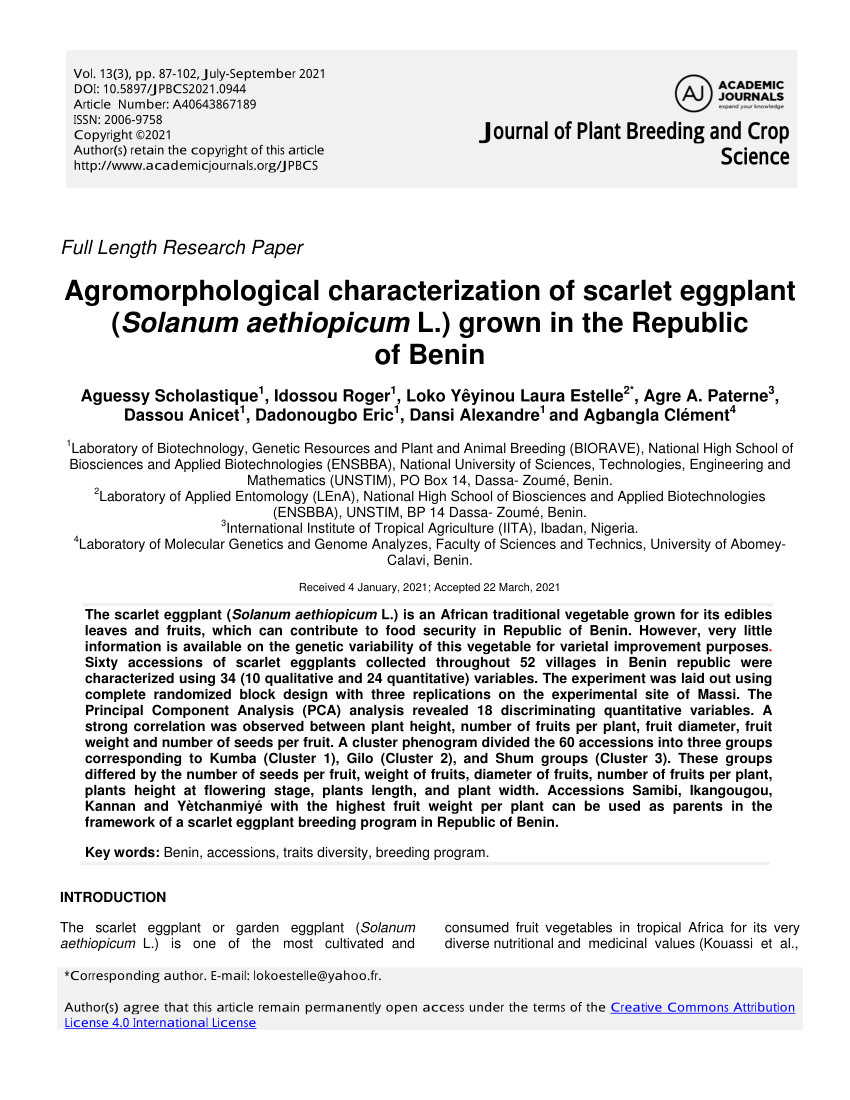 Journal of Plant Breeding and Crop Science - agromorphological  characterization of scarlet eggplant (solanum aethiopicum l.) grown in the  republic of benin