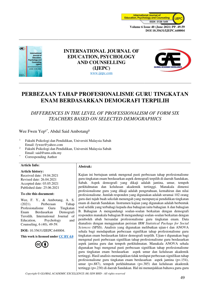 Pdf Differences In The Level Of Professionalism Of Form Six Teachers Based On Selected Demographics