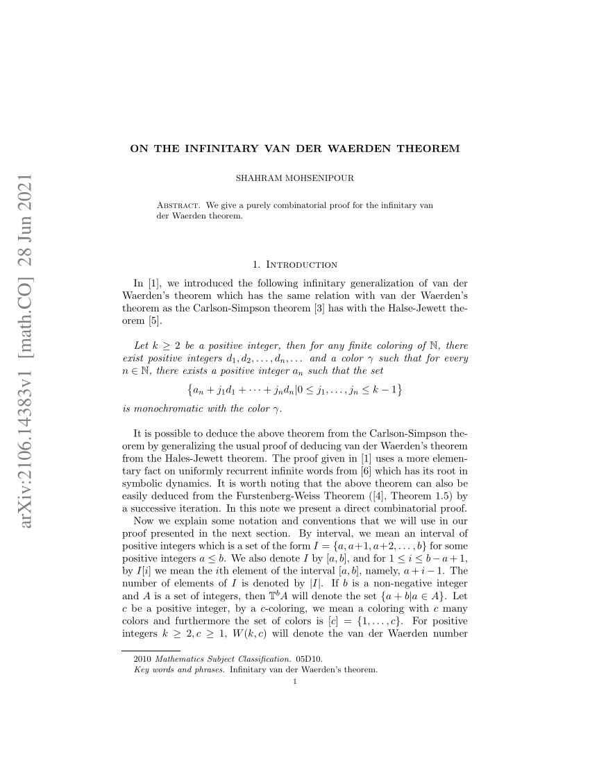 Pdf On The Infinitary Van Der Waerden Theorem